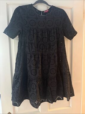 STAUD Black Eyelet Cotton Mini Dress